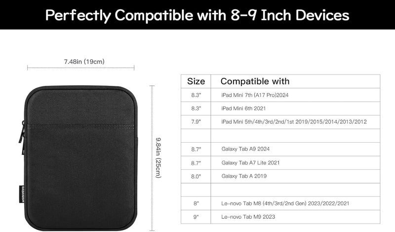 Dadanism 8-9 Inch Tablet Sleeve Case for iPad mini 7th/6th 8.3" 2024/2021, iPad mini 5/4/3/2/1 7.9", Galaxy Tab A7 Lite/A9 8.7", Remarkable Paper Pro Move 7.3" 2025, Tab M8 8", Tab M9 9", Black - Image 2